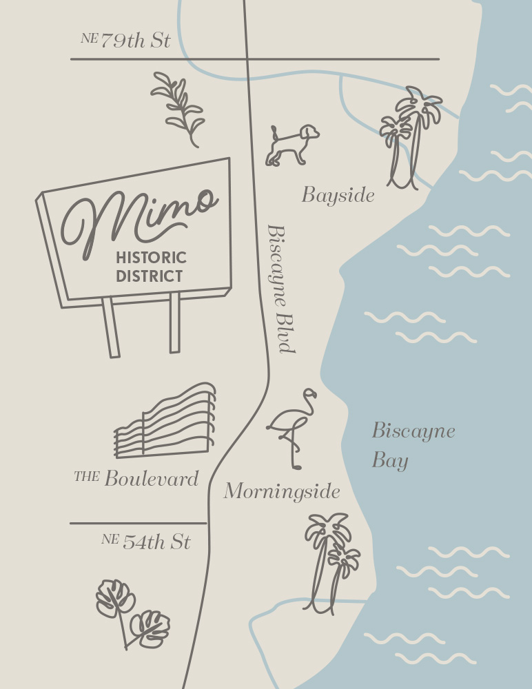 An illustrated map of the MiMo historic district of Miami. Icons and labels call out The Boulevard, Biscyane Blvd, the Morningside neighborhood, and Biscayne Bay.